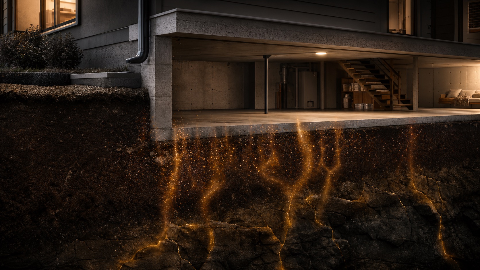 Radon gas rising from the soil and rock beneath a home's foundation into the basement